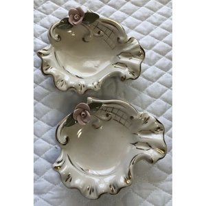 Two Vintage Ashtrays White Porcelain Gold Accents